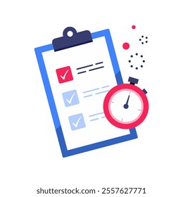 Task checklist on a clipboard with a stopwatch icon, flat vector illustration for time management, productivity, to do plan, fast services, task planning, development, project scheduling concepts.