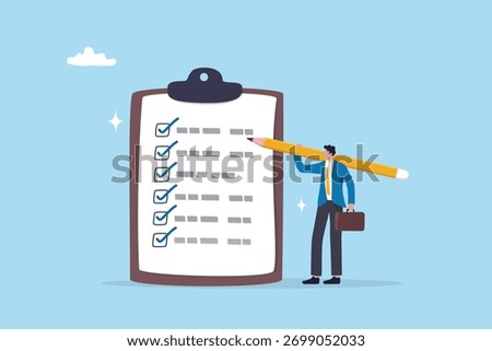 Task checklist planning, finish work or todo list clipboard, survey form or completion items, project progress, checkmark or achievement, businessman holding pencil finishing project checklist tasks.