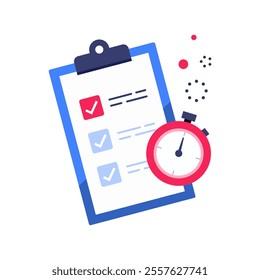 Task checklist with stopwatch icon, flat vector illustration for time management, to do list, efficiency, productivity, task planning, short survey, project scheduling, and fast services concepts.