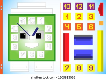 The task for children is to cut out the elements of a square clock, paste it into a picture and glue it. An educational puzzle game for learning numbers. Worksheet for printing. Vector illustration