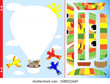 The task for children is to cut out the elements of the balloon, paste it into the picture and glue it. A puzzle game for working out fine motor skills. Worksheet for printing. Vector illustration