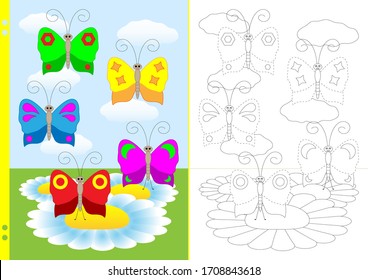 The task for children is to draw butterfly wings along the dotted lines and color the picture. A worksheet for printing with a black and white outline and with an example. Vector illustration