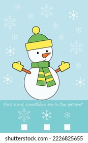 Task for children. How many snowflakes are in the picture? Snowman and snowflakes.