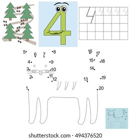 Task for children in mathematics. Figure four. Connect dots and color the cat. Preschool education.