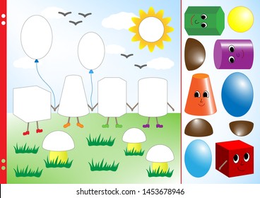 Task for children to practice fine motor skills. 3d figures on the lawn. Educational puzzle game. Cut the missing elements, paste on the picture and glue. Worksheet for printing. Vector illustration