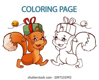 Task coloring page for preschool with cute ginger squrrel carring christmas present box with slephbell. Printable work sheet . Digital