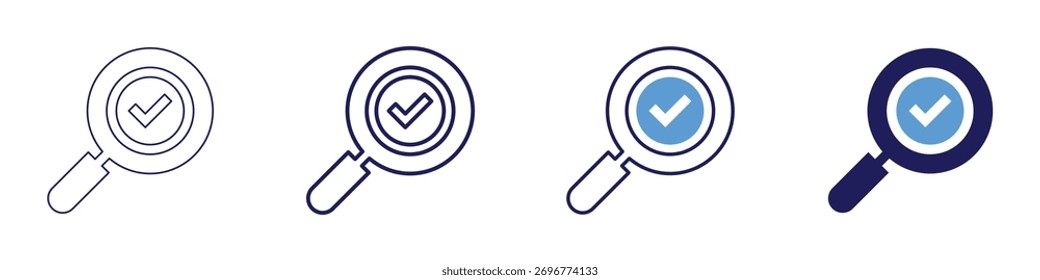 Ícone de verificação de conclusão da tarefa em 4 estilos diferentes. Linha Fina, Linha, Linha Negrito, Duotônico. Estilo duotônico. Traçado editável.
