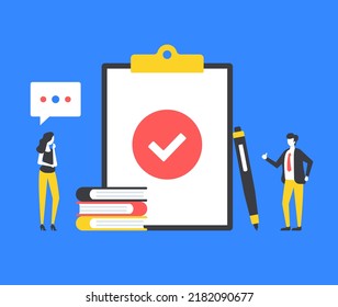 Task complete. Clipboard, check mark and people. Modern graphic elements set. Vector illustration