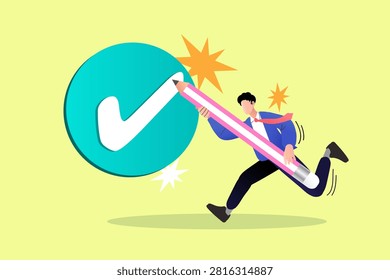 Task completed approval concept with man running holding giant pencil check mark. Businessman finishing checklist on light yellow background.