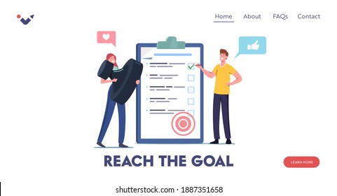 Task Completed Landing Page Template. Tiny Male Female Characters with Huge Stamp Stand at Checklist Put Marks in Check Boxes on Clipboard. Business Planning. Cartoon People Vector Illustration
