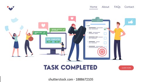 Task Completed Landing Page Template. Happy Characters Triumphing with Raised Hands and Scattered Papers on Workplace. Well Done Work. Business People Filling To Do List. Cartoon Vector Illustration