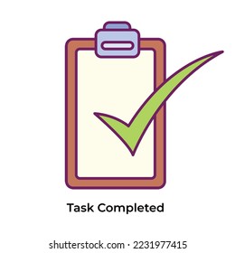 Task completed themed vector icon colored pictogram isolated on white background. Clipboard drawing with simple and clean flat line art and colors.