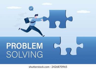 Task completing, finish project. Complete jigsaw puzzle to solve business problem, solution for business achievement. businessman holds last missing puzzle piece. challenge and accomplishment concept.