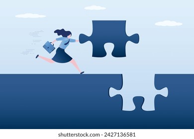 Task completing, finish project. Complete jigsaw puzzle to solve business problem, solution for business achievement. businesswoman holds last missing puzzle piece. challenge, accomplishment concept.