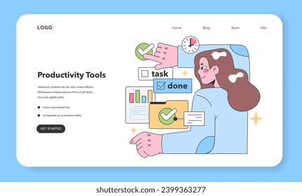 Task completion concept. Contented woman surrounded by task checkmarks interactive folders and data visuals showcasing efficiency in her duties and workflow. Flat vector illustration.