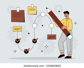 Task completion concept. Man with pencil notes completed goals. Motivation and leadership. Planning, scheduling and strategizing, vision of future. Hardworking worker. Cartoon flat vector illustration