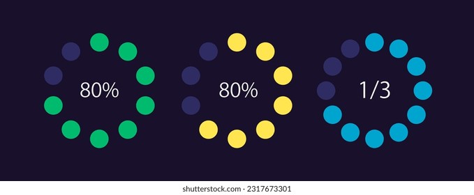 Task completion level circle infographic design template set for dark theme. Employee performance. Editable dot chart with percentages. Visual data presentation. Myriad Pro-Regular font used