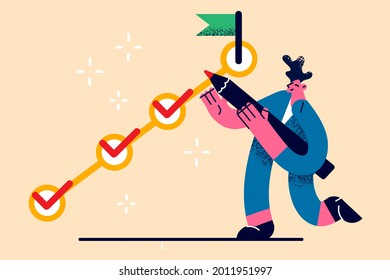 Task completion, task solving, management concept. Positive young businessman cartoon character standing holding big pencil to check completed tasks and manage duties himself