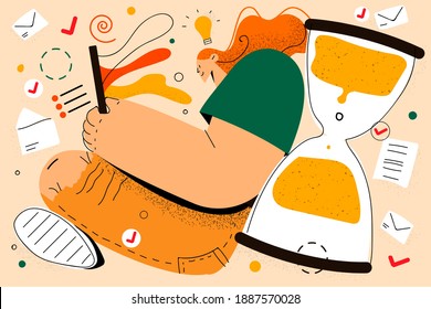 Task completion, successful planning and time management concept. Young businesswoman sitting with laptop and giant sandglass and feeling confident with deadlines and tasks vector illustration 