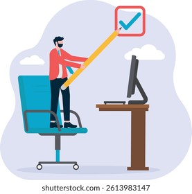 Task Completion Tracker. Getting things done. Businessman with Giant Tick Mark for Project Approval and Achievement Documentation

