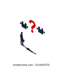 Task concept. Businessman faces a difficult task. Connect the two puzzles. Vector illustration flat line design. Isolated on white background. Problem solving. Overcoming obstacles.