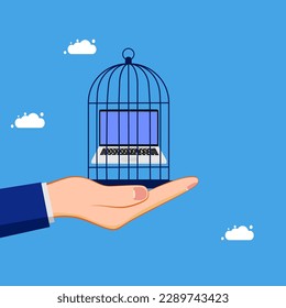 Task control. Confine or lock the laptop in the birdcage. business and investment concept