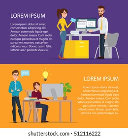 Task Conversation Businessman at Desk Working on Computer. Cartoon poster vector illustration. Banners for your web design in business style. Template for your text. Business characters set.