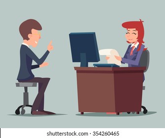 Task Conversation Job Interview Businessman at Desk Working on Computer Cartoon Characters Icon Stylish Background Retro Cartoon Design Vector Illustration