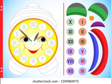 The task is to cut out the elements of the round clock, paste it into the picture and glue it. Puzzle game for children to practice fine motor skills. Worksheet for printing. Vector illustration