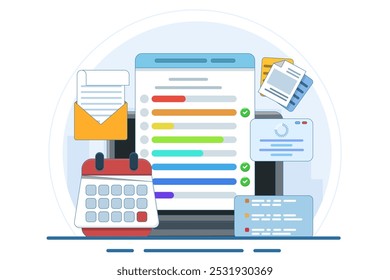 Conceito de painel de tarefas no laptop com lista de verificação de área de transferência de calendário. campanha de email, marketing de mídia social. Gerenciamento de projetos, conceito de prazo final de trabalho. ilustração vetorial plana.