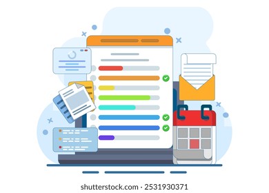 Conceito de painel de tarefas no laptop com lista de verificação de área de transferência de calendário. campanha de email, marketing de mídia social. Gerenciamento de projetos, conceito de prazo final de trabalho. ilustração vetorial plana.