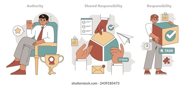 Task Delegation concept. Illustrations depict the dynamics of authority, shared responsibility, and individual accountability in teamwork. Vector illustration.