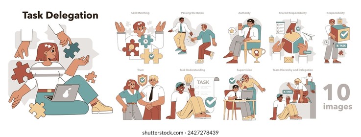 Task Delegation set. A series of illustrations showcasing team collaboration, leadership, and effective management in delegating responsibilities. Vector illustration.