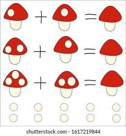 The task is to develop mathematical skills, count numbers. Mushroom Amanita, count the number of white circles. Simple baby math equation. Sticker mugs or cut and stick with glue. Vector illustration