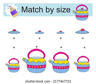 Task for development of attention and logic. Activity for presсhool years kids. Match kettle lid by size. Vector illustration.