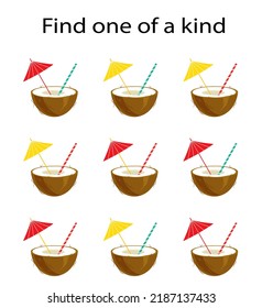 Task for development of attention and logic. Need to find one of a kind coconut. Kids activity page. Vector illustration.