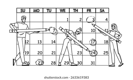 task digital calendar vector. person business, schedule time, busy woman task digital calendar character. people black line pencil drawing illustration