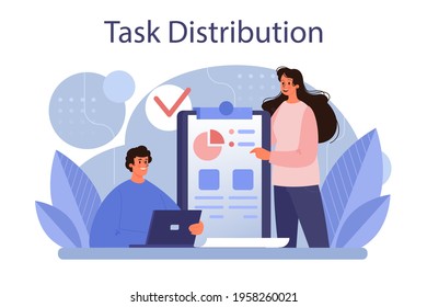 Task distribution concept. Interaction of departments, business teamwork