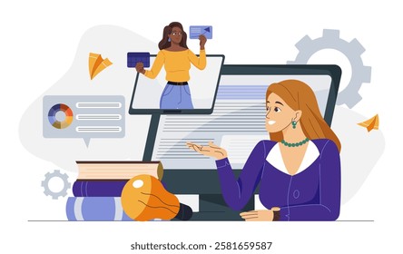 Task distribution concept. Woman organizes her work process online. Delegation of responsibilities, setting goals, objectives and deadlines. Business management. Flat vector illustration