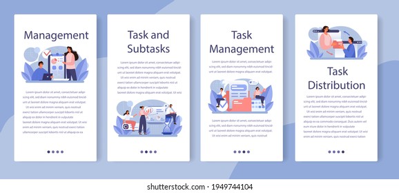 Task distribution mobile application banner set. Interaction of departments