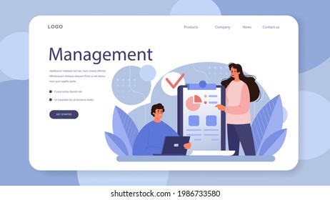 Banner web de distribución de tareas o página de inicio. Interacción de los departamentos, gestión del trabajo en equipo empresarial. Ganancia comercial y crecimiento financiero. Ilustración vectorial plana aislada