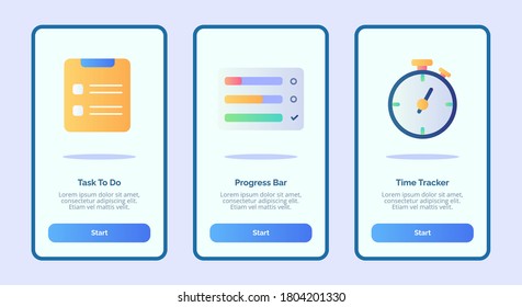 Task to do progress bar time tracker for mobile apps template banner page UI with three variations modern flat color style.