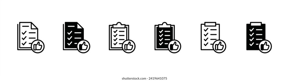 Task document icon set with checklist or check mark symbol. Business management clipboard with approval or thumb up symbol. Vector illustration