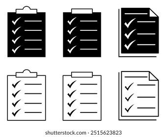 Task document icon set with checklist or checkmark symbol. Business management clipboard.