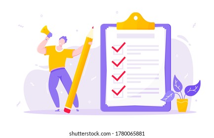 Task done business concept with tiny person with megaphone, pencil nearby giant clipboard complete checklist and check mark ticks flat style design vector illustration isolated on white background.