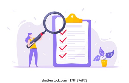 Task done business concept tiny person with magnifying glass nearby giant clipboard. Complete checklist and check mark ticks flat style design vector illustration isolated white background.