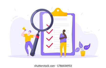 Task done business concept tiny person with megaphone, magnifying glass nearby giant clipboard complete checklist and check mark ticks flat style design vector illustration isolated white background.