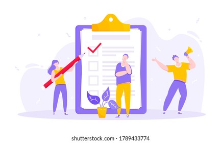 Task done business concept tiny people with megaphone, pencil nearby giant clipboard checklist and check mark ticks flat style design vector illustration isolated white background