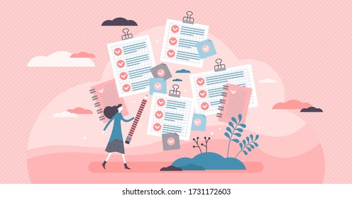 Task done Female vector illustration. Time management flat tiny persons concept. Woman checklist with non specific targets and completed pass signs. Finished and done symbols as general goal success.
