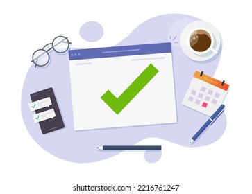 Task done finished list on desk vector or web work completed illustration, success check mark achievement results, approved verified test, finished project table top view modern, study or education